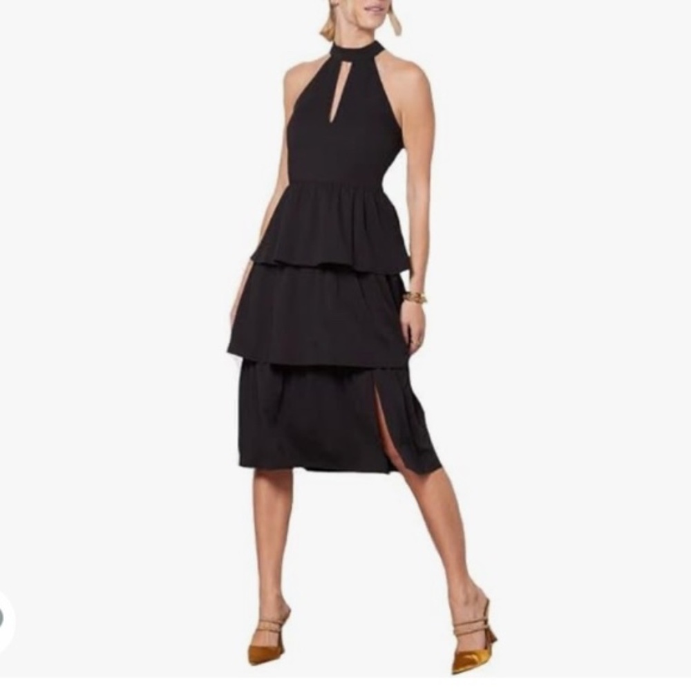 AMANDA UPRICHARD NWT Shanae Halter Neck Tiered Black Midi Dress // Large